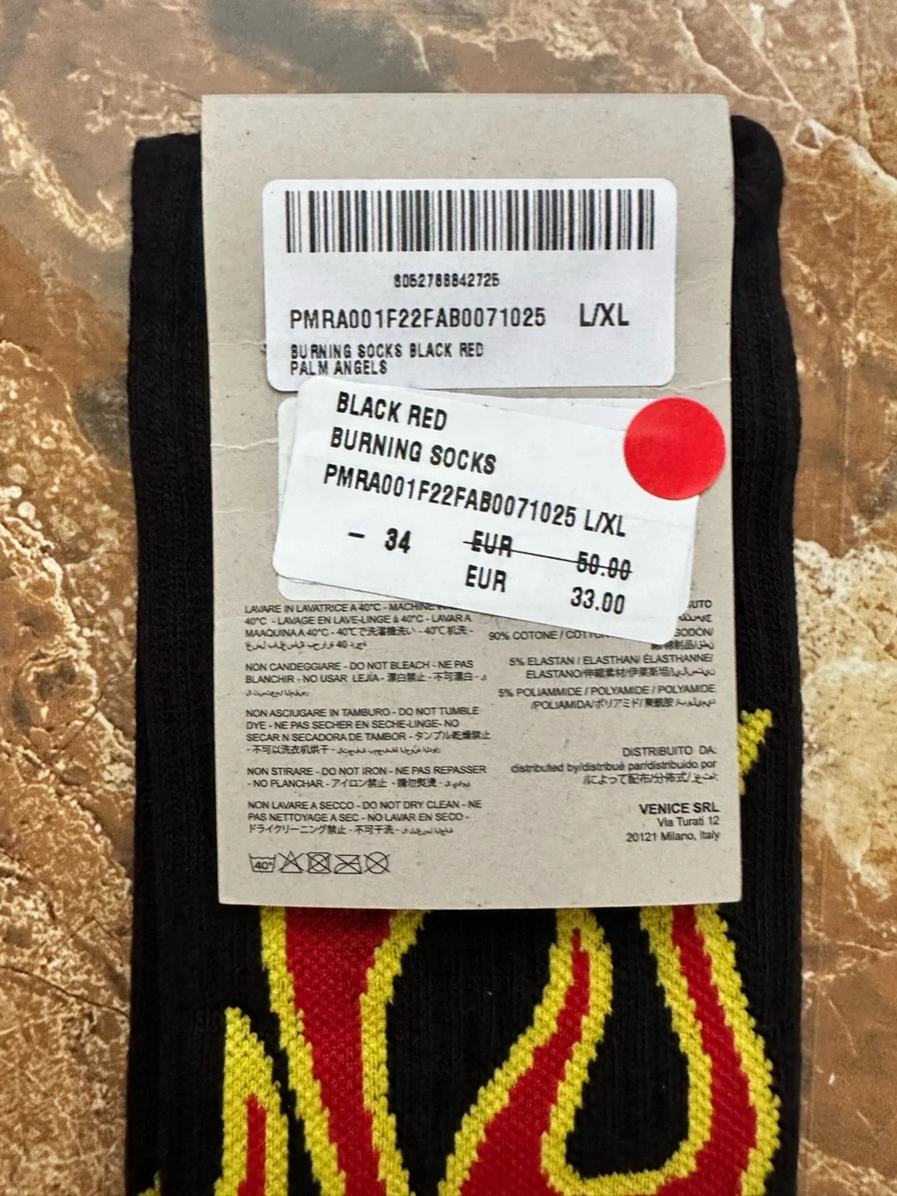 Palm Angels Black Crew Socks with Red and Yellow Flame Motif